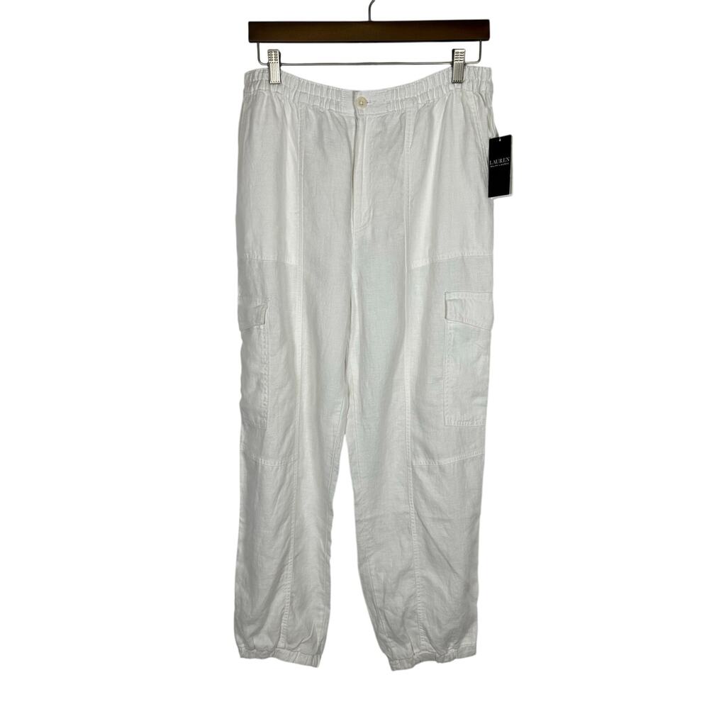 Lauren Ralph Lauren White Linen Cargo Jogger Pants NWT Sz 12 Preppy Coastal